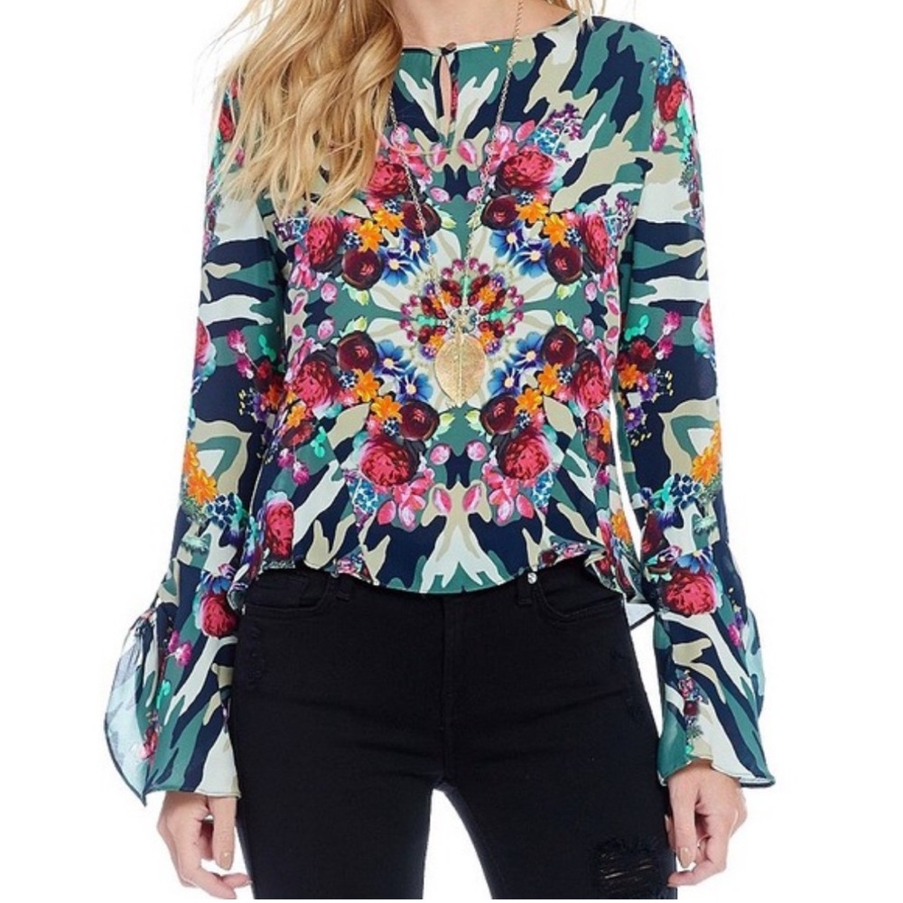Artelier Nicole Miller Kaleidoscope Camo Silk Blouse w Bell Slvs Sz S. Rtl $275
